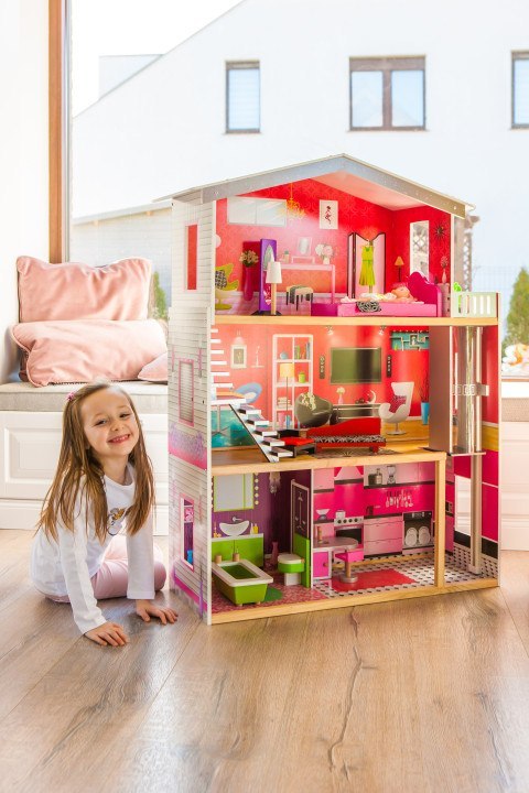 Duży Drewniany Domek Z Windą Dla Lalek - Rezydencja Malibu Ecotoys