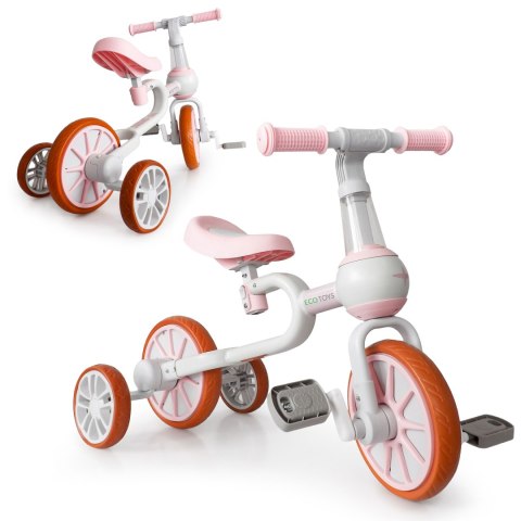 Rower Rowerek Biegowy 4w1 Pedały Kółka Boczne Różowy Ecotoys