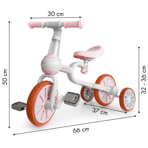 Rower Rowerek Biegowy 4w1 Pedały Kółka Boczne Różowy Ecotoys