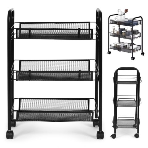 Metalowy Regał Mobliny Łazienkowy Z 3 Półkami Kółka Czarny Modernhome