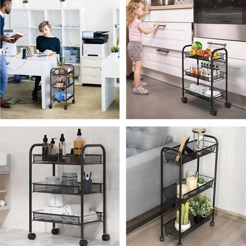 Metalowy Regał Mobliny Łazienkowy Z 3 Półkami Kółka Czarny Modernhome