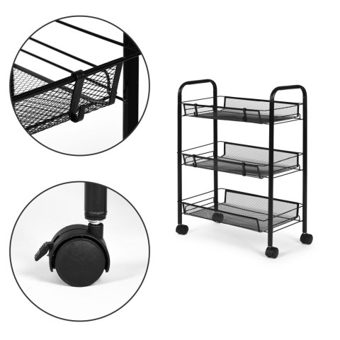 Metalowy Regał Mobliny Łazienkowy Z 3 Półkami Kółka Czarny Modernhome