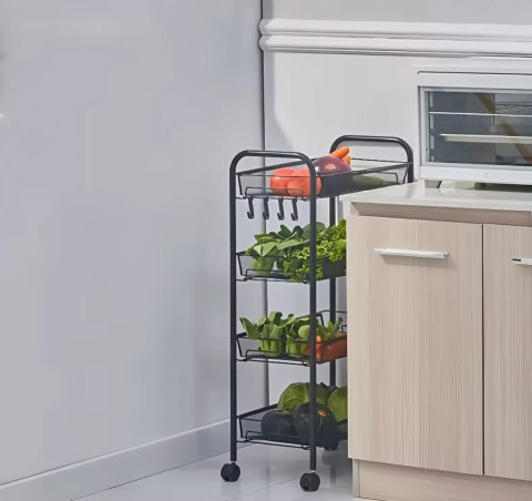 Metalowy Regał Mobliny Łazienkowy Z 4 Półkami Kółka Czarny Modernhome