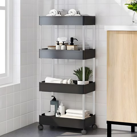 Plastikowy Regał Łazienkowy Z 4 Półkami Kółka Czarny Modernhome