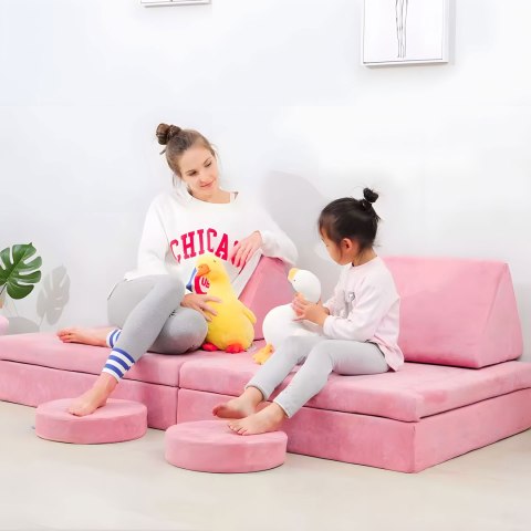 Sofa Składana Modułowa Dla Dzieci Duża 2-Osobowa Diy 10 Miękkich Poduch - Różowa Ecotoys