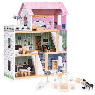 Drewniany Domek Dla Lalek 3 Piętra Taras Z Kompletem 15 Mebelków Ecotoys