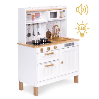 Kuchnia Dla Dzieci Z Dźwiękami I Led Drewniana Duża Otwierane Szafki 7 Akcesoriów Ecotoys