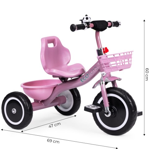 Rowerek Trójkołowy Antypoślizgowe Uchwyty Dzwonek Koszyk Różowy Ecotoys