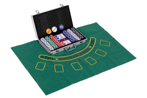 Zestaw Do Pokera Blackjacka 300 Żetonów 2 Talie Kart Kości Mata Do Gry Zamykana Walizka