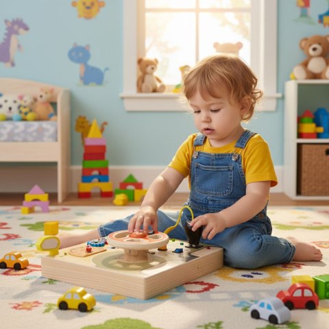 Drewniana Tablica Manipulacyjna Led Sensoryczna Dla Dzieci Panel Edukacyjny Auto Kierownica 14 Elementów
