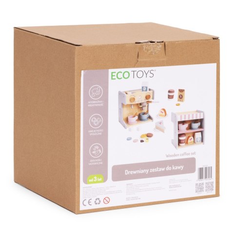 Drewniany Ekspres Do Kawy Dla Dzieci 2w1 Sklepik Zestaw Baristy 26 Akcesoriów Ecotoys