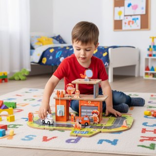 Drewniany Garaż Zestaw Straży Pożarnej 2w1 - Remiza I Wóz 2 Piętra Figurki Pojazdy Ecotoys