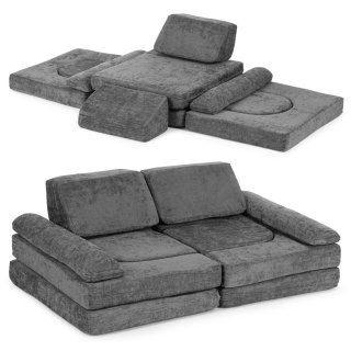 Sofa Składana Modułowa Dla Dzieci Duża 2-Osobowa Diy 10 Miękkich Poduch Tkanina Szenilowa - Szara Ecotoys