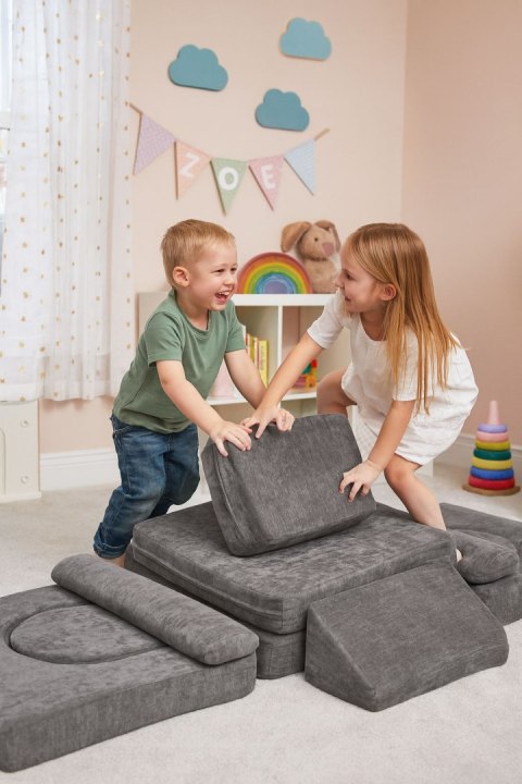 Sofa Składana Modułowa Dla Dzieci Duża 2-Osobowa Diy 10 Miękkich Poduch Tkanina Szenilowa - Szara Ecotoys