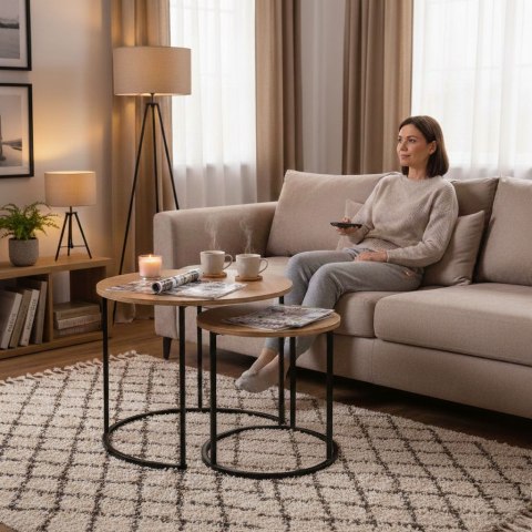 Zestaw Stolików Kawowych 2 Szt. Okrągłe Jasny Dąb Loftowe Modernhome