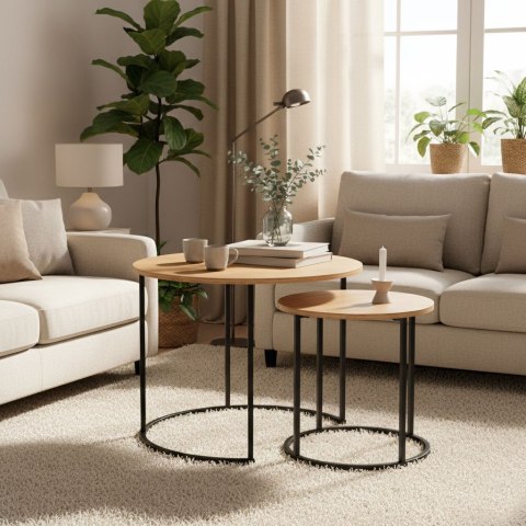 Zestaw Stolików Kawowych 2 Szt. Okrągłe Jasny Dąb Loftowe Modernhome