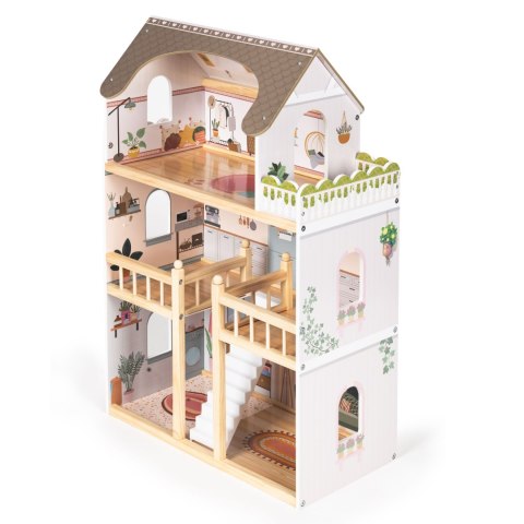 Drewniany domek dla lalek Laura 3 piętra 5 pomieszczeń 15 mebelków ECOTOYS