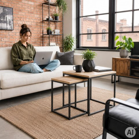 Stoliki kawowe rozkładane kwadratowe zestaw 2w1 jasny dąb loftowe ModernHome