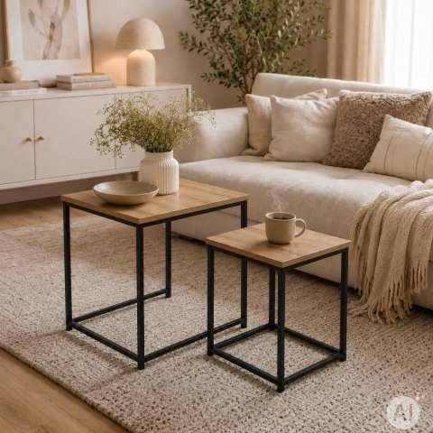 Stoliki kawowe rozkładane kwadratowe zestaw 2w1 jasny dąb loftowe ModernHome