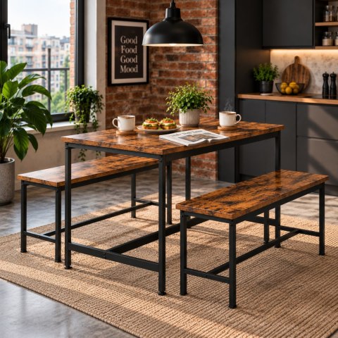 Zestaw loftowych mebli do jadalni kuchni stolik 2 ławki postarzane drewno ModernHome