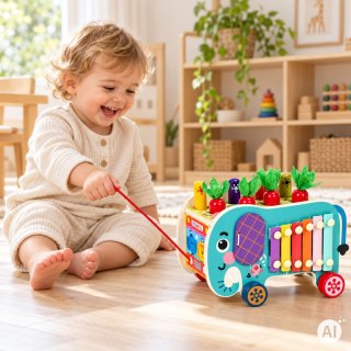 Drewniana kostka edukacyjna słonik 8w1 wózek sorter cymbałki łowienie robaczków ECOTOYS