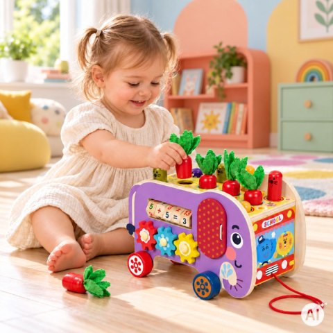 Drewniana kostka edukacyjna słonik 8w1 wózek sorter cymbałki łowienie robaczków ECOTOYS