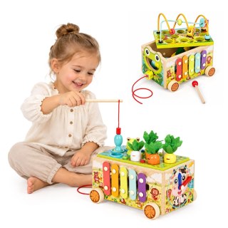 Drewniana kostka edukacyjna żabka 8w1 wózek sorter cymbałki łowienie robaczków ECOTOYS