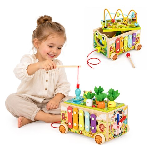 Drewniana kostka edukacyjna żabka 8w1 wózek sorter cymbałki łowienie robaczków ECOTOYS