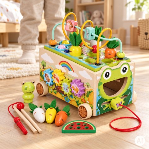 Drewniana kostka edukacyjna żabka 8w1 wózek sorter cymbałki łowienie robaczków ECOTOYS