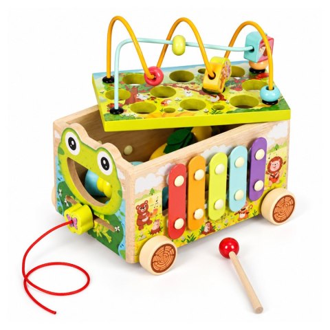 Drewniana kostka edukacyjna żabka 8w1 wózek sorter cymbałki łowienie robaczków ECOTOYS