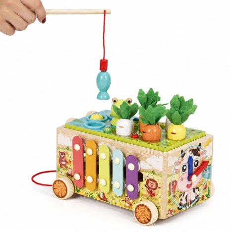 Drewniana kostka edukacyjna żabka 8w1 wózek sorter cymbałki łowienie robaczków ECOTOYS