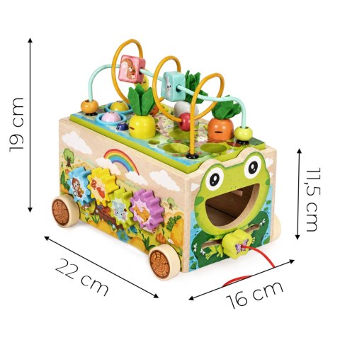 Drewniana kostka edukacyjna żabka 8w1 wózek sorter cymbałki łowienie robaczków ECOTOYS