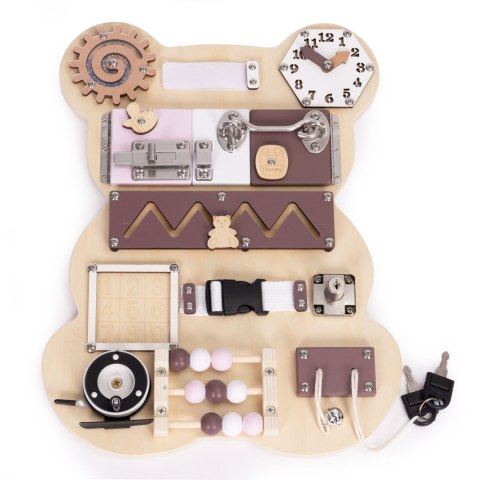 Drewniana tablica manipulacyjna sensoryczna dla dzieci panel edukacyjny miś 12 elementów ECOTOYS