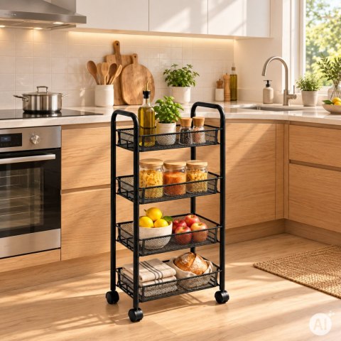 Metalowy regał mobliny organizer łazienkowy kuchenny z 4 półkami kółka czarny ModernHome