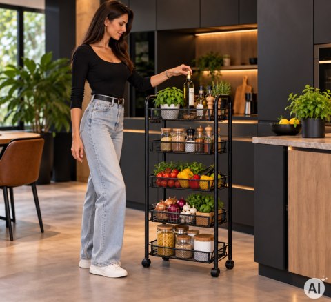 Metalowy regał mobliny organizer łazienkowy kuchenny z 5 półkami kółka czarny ModernHome