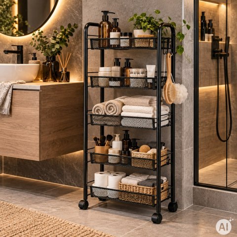 Metalowy regał mobliny organizer łazienkowy kuchenny z 5 półkami kółka czarny ModernHome