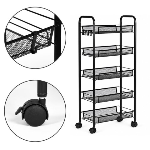 Metalowy regał mobliny organizer łazienkowy kuchenny z 5 półkami kółka czarny ModernHome