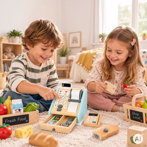 Drewniana kasa fiskalna dla dzieci terminal skaner banknoty monety karta ECOTOYS