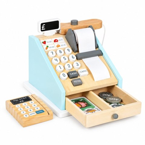 Drewniana kasa fiskalna dla dzieci terminal skaner banknoty monety karta ECOTOYS