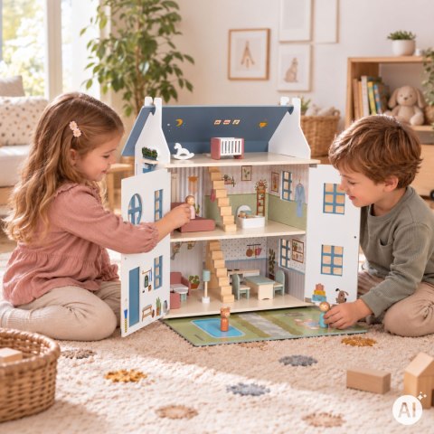 Drewniany domek dla lalek Lily otwierany 3 piętra 5 pomieszczeń meble figurki ECOTOYS