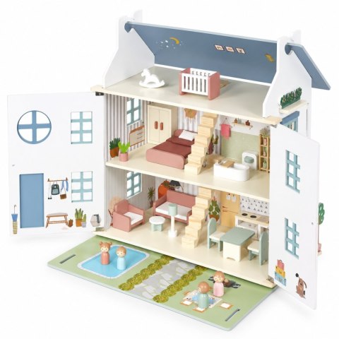 Drewniany domek dla lalek Lily otwierany 3 piętra 5 pomieszczeń meble figurki ECOTOYS