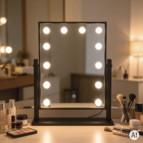 Lustro do makijażu LED 30x40 cm kosmetyczne podświetlane 3 barwy 12 żarówek czarne ModernHome