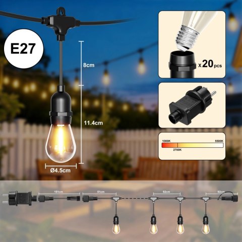 Girlanda Ogrodowa Świetlna Łańcuch 20x Led 20m Lampki Ogrodowe 9w